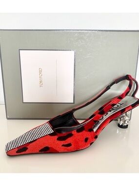 Auth TOM FORD Red Velvet Animalier Crystal Slingback Sandals Sz 39 Jeweled Heel